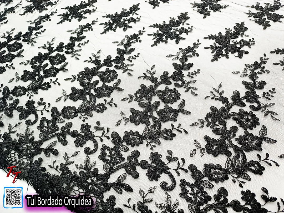 Tul bordado orquídea | Negro