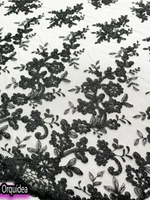 Tul bordado orquídea | Negro