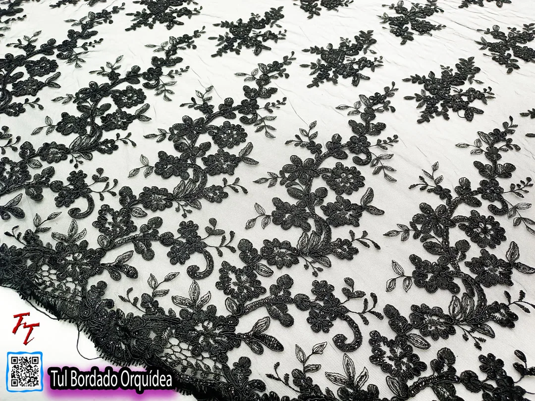 Tul bordado orquídea | Negro