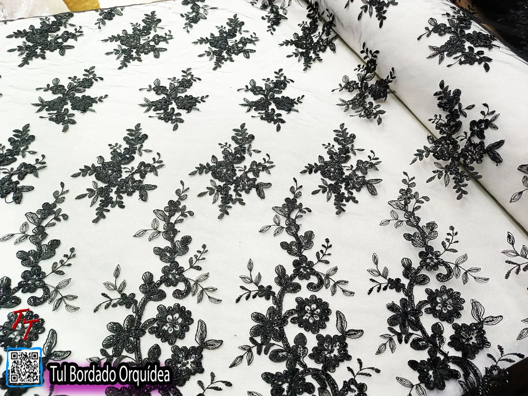 Tul bordado orquídea | Negro