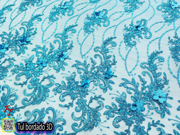 Tul Bordado 3D | Azul Turquesa