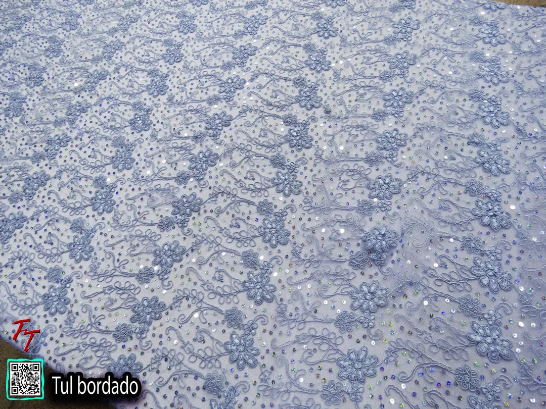 Tul Bordado Flores #1 | Azul cielo