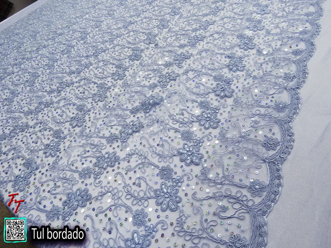 Tul Bordado Flores #1 | Azul cielo