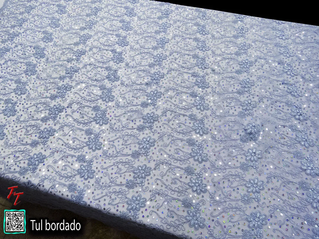 Tul Bordado Flores #1 | Azul cielo