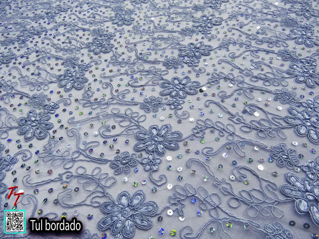 Tul Bordado Flores #1 | Azul cielo