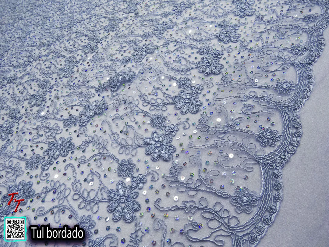Tul Bordado Flores #1 | Azul cielo