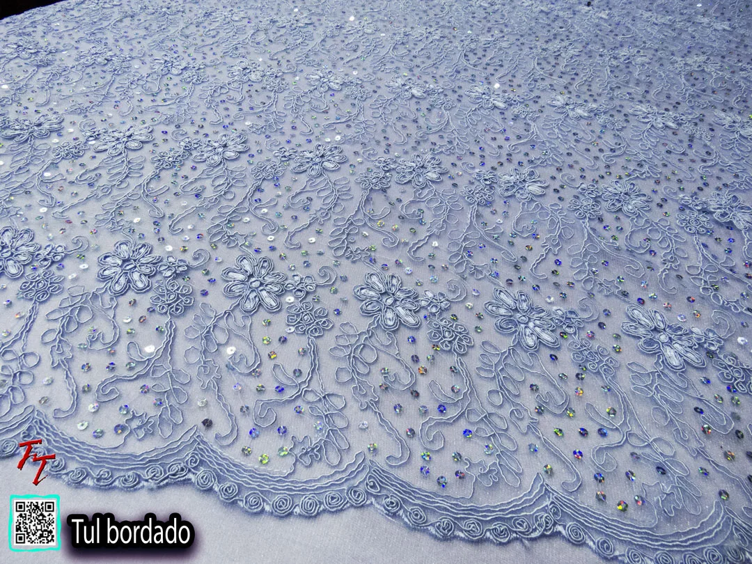 Tul Bordado Flores #1 | Azul cielo